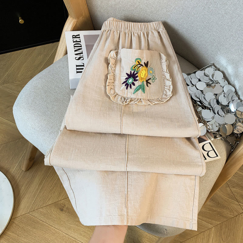 Pantalon décontracté beige brodé Buddha Stones pour femme, jambes larges, en coton et lin, avec poches - image 3