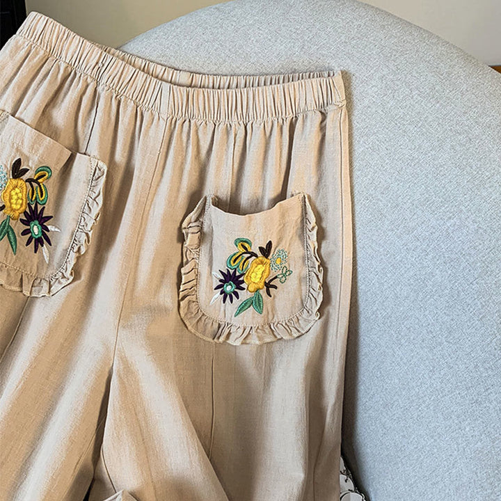 Pantalon décontracté beige brodé Buddha Stones pour femme, jambes larges, en coton et lin, avec poches - image 5