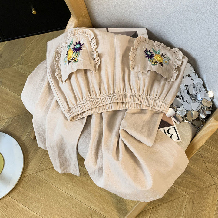 Pantalon décontracté beige brodé Buddha Stones pour femme, jambes larges, en coton et lin, avec poches - image 2