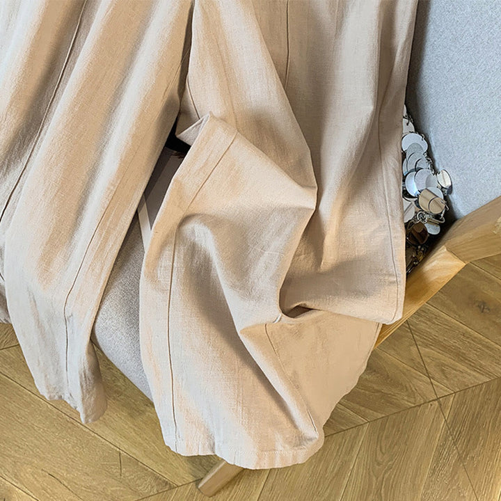 Pantalon décontracté beige brodé Buddha Stones pour femme, jambes larges, en coton et lin, avec poches - image 8