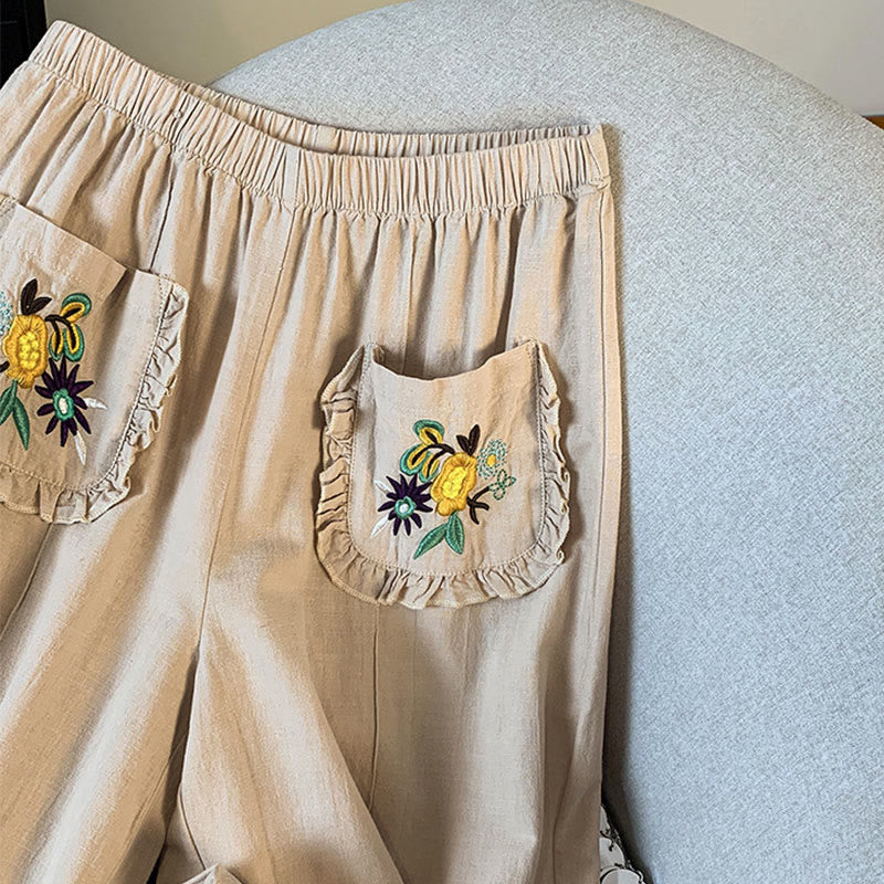 Pantalon décontracté beige brodé Buddha Stones pour femme, jambes larges, en coton et lin, avec poches - image 6