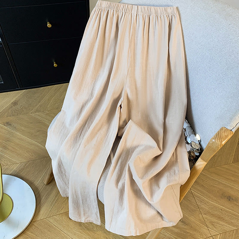 Pantalon décontracté beige brodé Buddha Stones pour femme, jambes larges, en coton et lin, avec poches - image 1