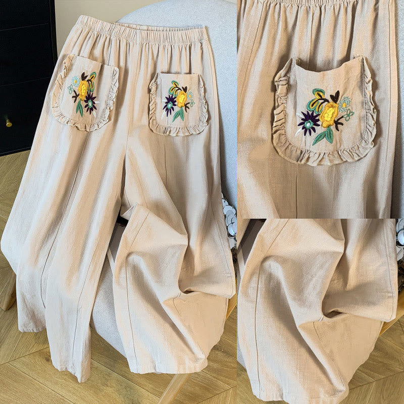 Pantalon décontracté beige brodé Buddha Stones pour femme, jambes larges, en coton et lin, avec poches - image 10