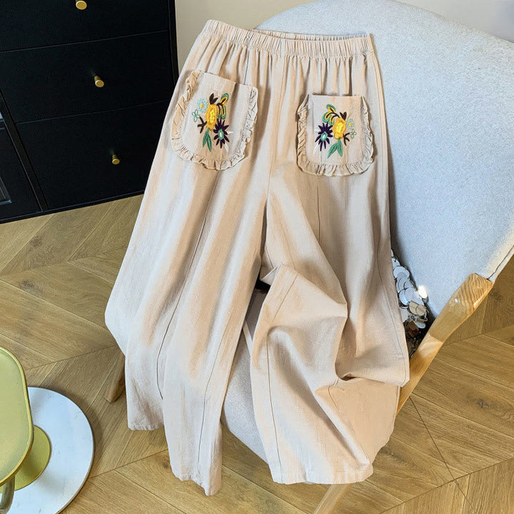 Pantalon décontracté beige brodé Buddha Stones pour femme, jambes larges, en coton et lin, avec poches - Beige - US8-10，UK/AU12-14，EU40-42 (2XL) - image 0