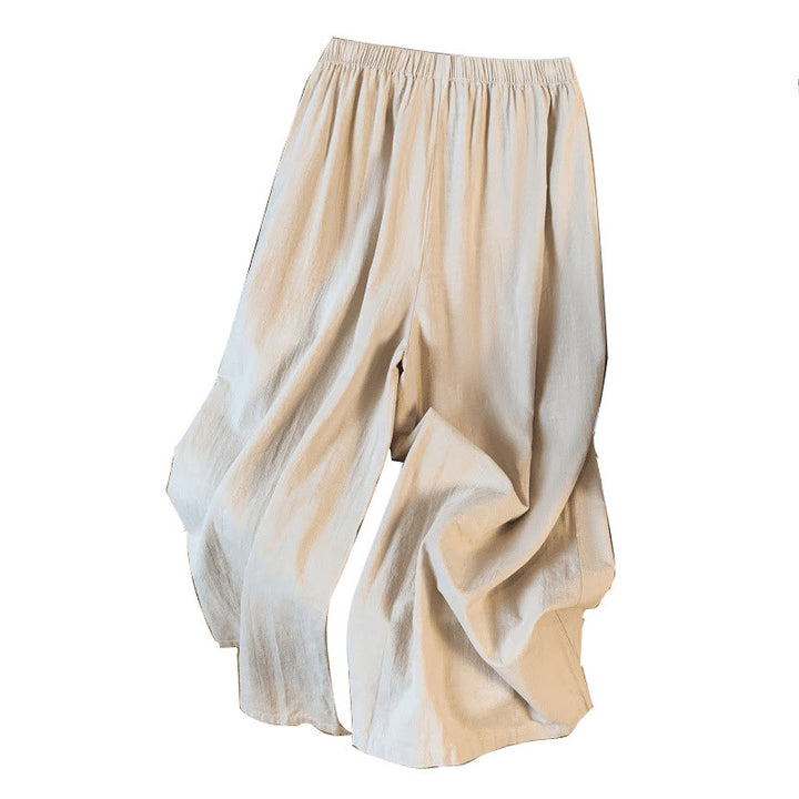 Pantalon décontracté beige brodé Buddha Stones pour femme, jambes larges, en coton et lin, avec poches - image 11