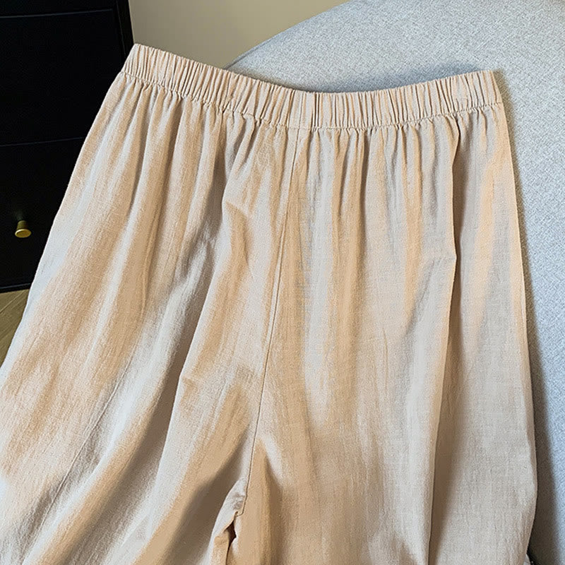 Pantalon décontracté beige brodé Buddha Stones pour femme, jambes larges, en coton et lin, avec poches - image 7