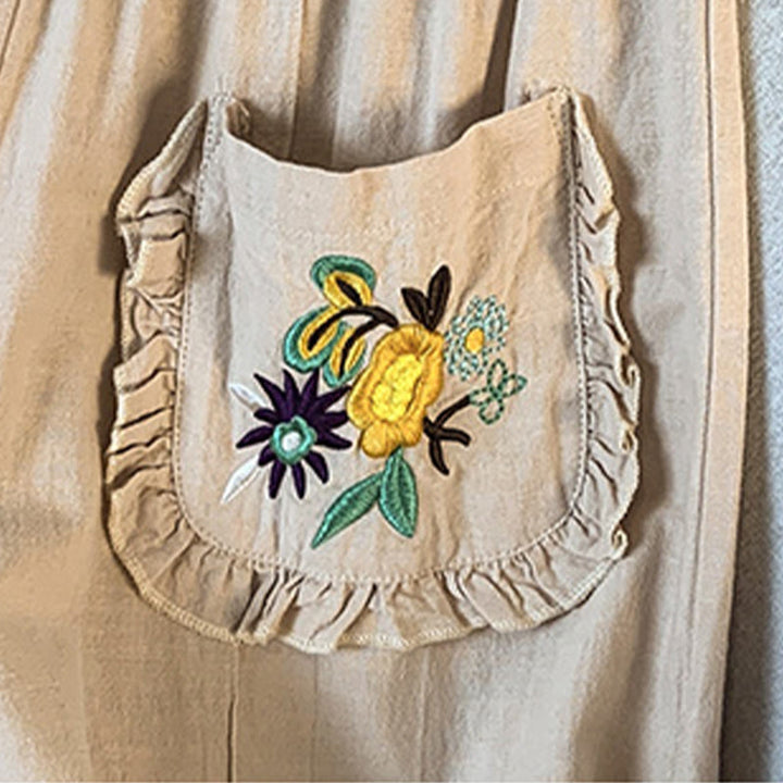 Pantalon décontracté beige brodé Buddha Stones pour femme, jambes larges, en coton et lin, avec poches - image 8