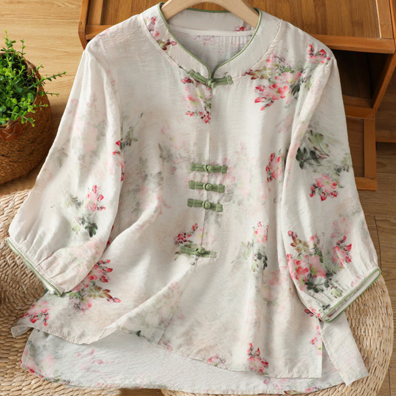 Chemise à manches trois-quarts en coton pour femme, imprimé floral, motif grenouille chinoise, Buddha Stones - Blanc - US12，UK/AU16，EU44 (2XL) - image 0