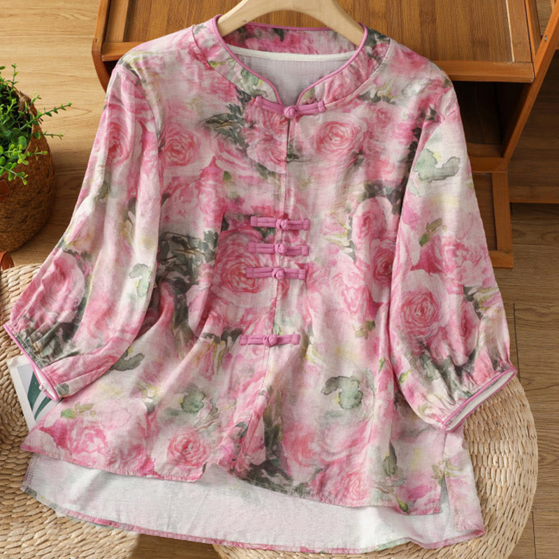 Chemise à manches trois-quarts en coton pour femme, imprimé floral, motif grenouille chinoise, Buddha Stones - Rose vif - US12，UK/AU16，EU44 (2XL) - image 6