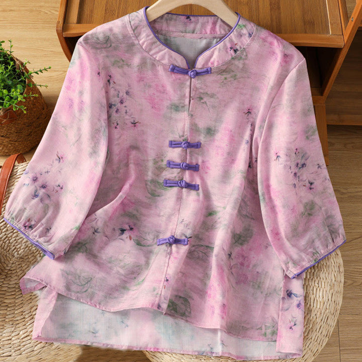 Chemise à manches trois-quarts en coton pour femme, imprimé floral, motif grenouille chinoise, Buddha Stones - Violet - US12，UK/AU16，EU44 (2XL) - image 15