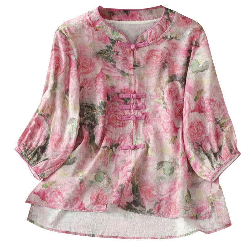 Chemise à manches trois-quarts en coton pour femme, imprimé floral, motif grenouille chinoise, Buddha Stones - image 14