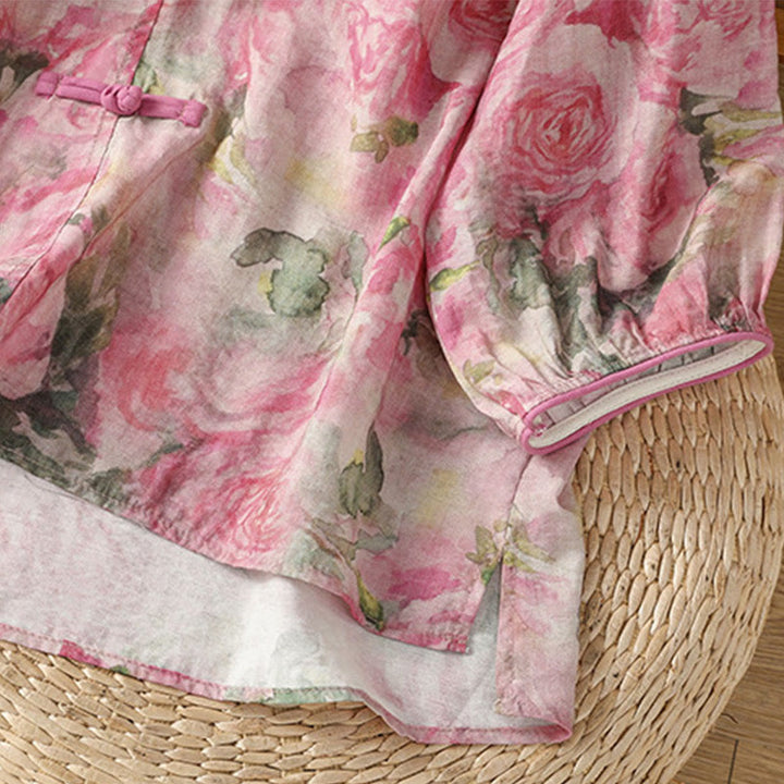 Chemise à manches trois-quarts en coton pour femme, imprimé floral, motif grenouille chinoise, Buddha Stones - image 13