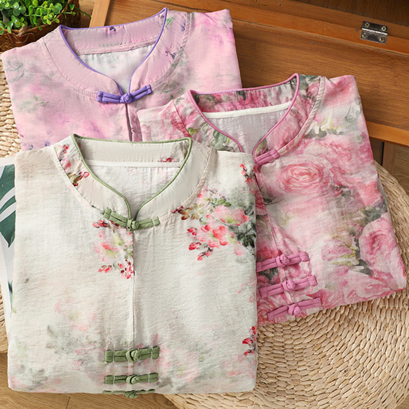 Chemise à manches trois-quarts en coton pour femme, imprimé floral, motif grenouille chinoise, Buddha Stones - image 22