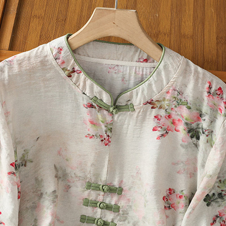 Chemise à manches trois-quarts en coton pour femme, imprimé floral, motif grenouille chinoise, Buddha Stones - image 2