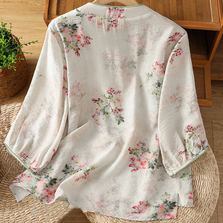 Chemise à manches trois-quarts en coton pour femme, imprimé floral, motif grenouille chinoise, Buddha Stones - image 1