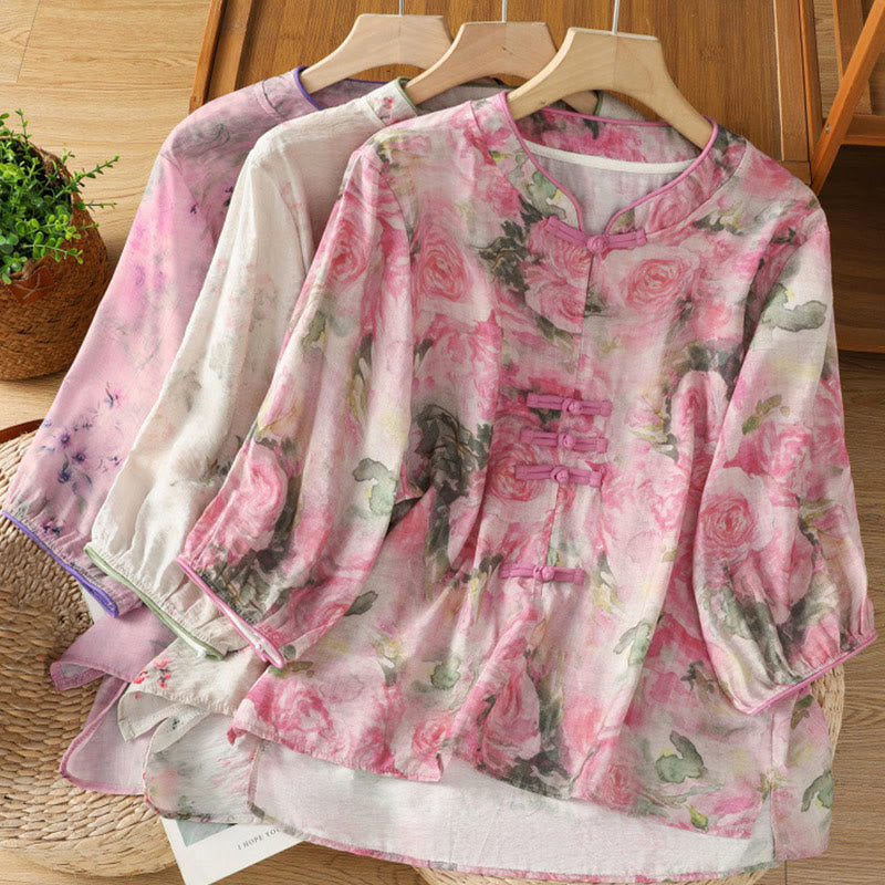 Chemise à manches trois-quarts en coton pour femme, imprimé floral, motif grenouille chinoise, Buddha Stones - image 21