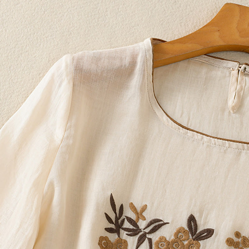 T-shirt en coton à manches trois-quarts pour femme, orné de broderies florales rétro Buddha Stones - image 3