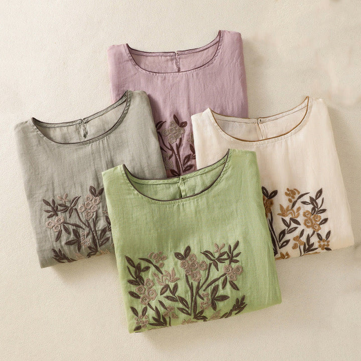 T-shirt en coton à manches trois-quarts pour femme, orné de broderies florales rétro Buddha Stones - image 32