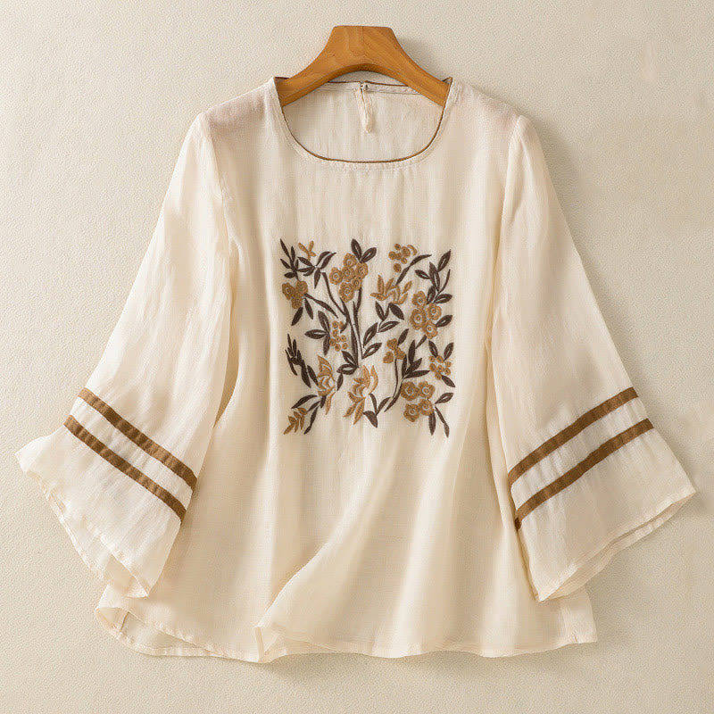 T-shirt femme à manches trois-quarts, broderie florale rétro Buddha Stones - Beige - US8-10，UK/AU12-14，EU40-42 (2XL) - image 0