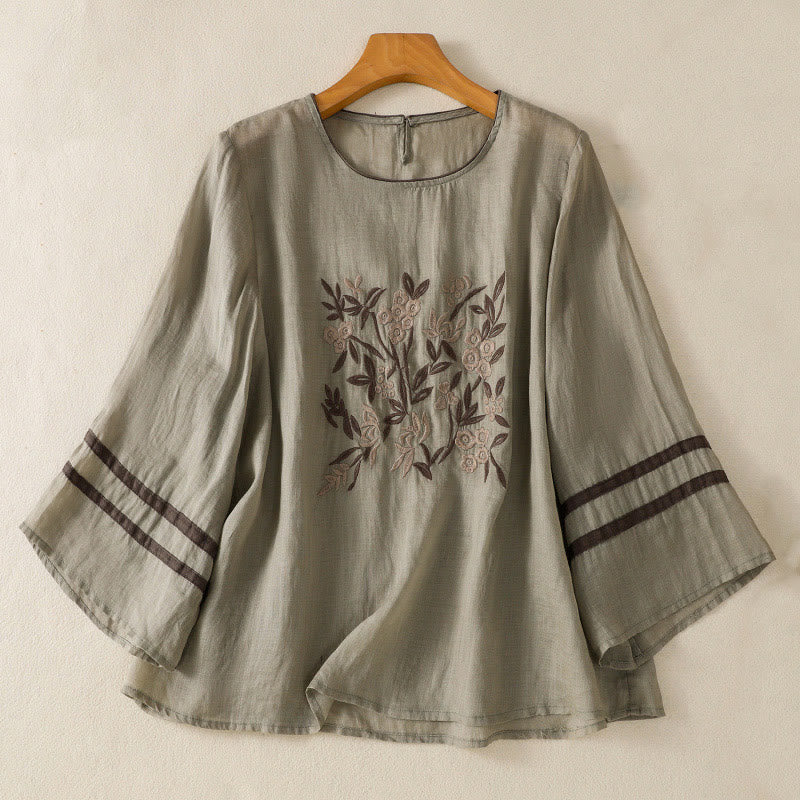 T-shirt en coton à manches trois-quarts pour femme, orné de broderies florales rétro Buddha Stones - Vert foncé - US14，UK/AU18，EU46 (2XL) - image 8