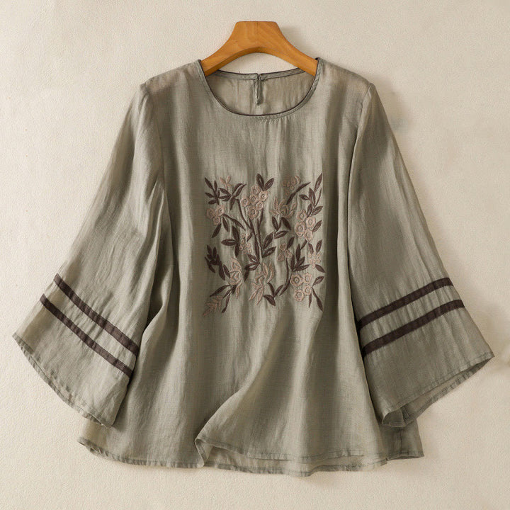 T-shirt en coton à manches trois-quarts pour femme, orné de broderies florales rétro Buddha Stones - Vert foncé - US14，UK/AU18，EU46 (2XL) - image 8
