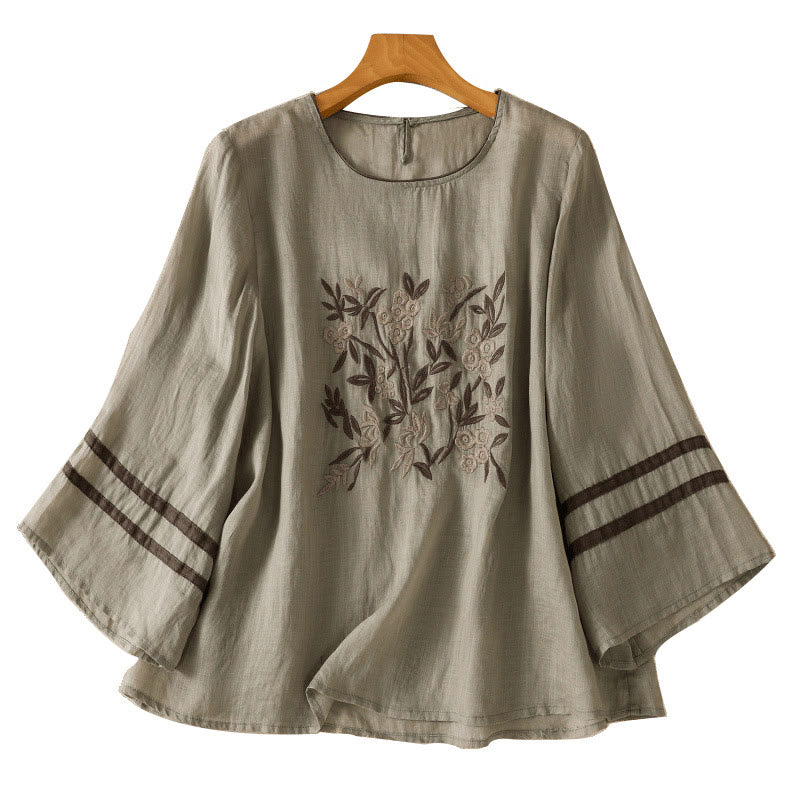 T-shirt en coton à manches trois-quarts pour femme, orné de broderies florales rétro Buddha Stones - image 15