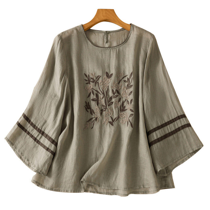 T-shirt en coton à manches trois-quarts pour femme, orné de broderies florales rétro Buddha Stones - image 15