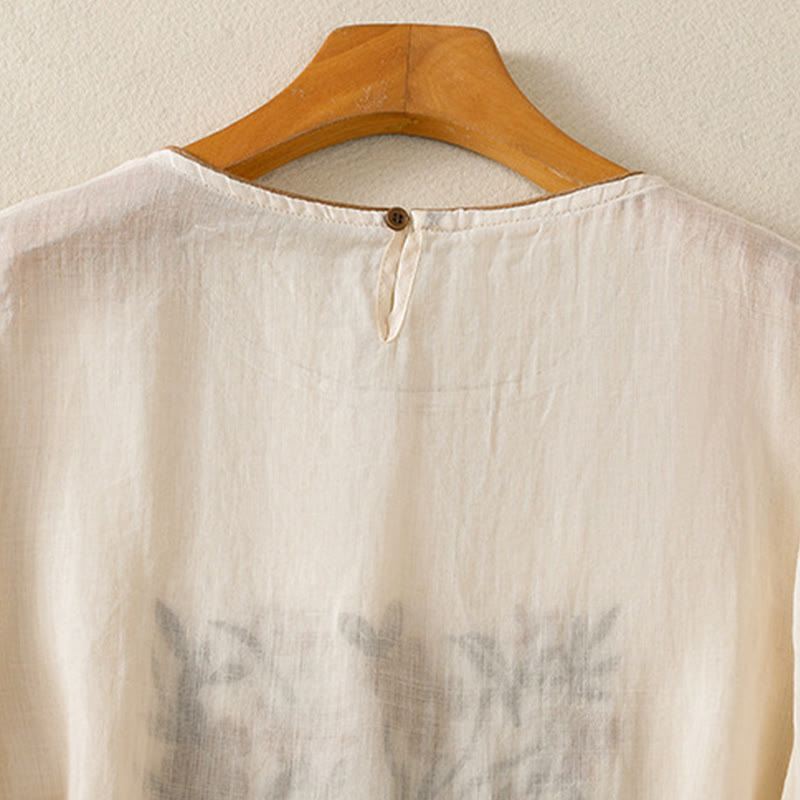 T-shirt en coton à manches trois-quarts pour femme, orné de broderies florales rétro Buddha Stones - image 4