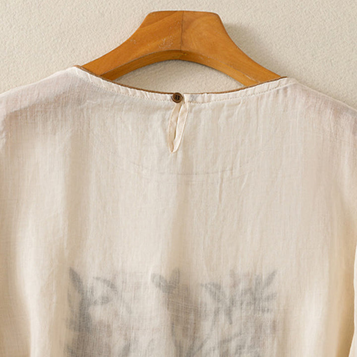 T-shirt en coton à manches trois-quarts pour femme, orné de broderies florales rétro Buddha Stones - image 4