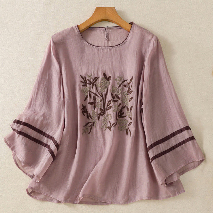 T-shirt en coton à manches trois-quarts pour femme, orné de broderies florales rétro Buddha Stones - RosyBrown - US14，UK/AU18，EU46 (2XL) - image 23