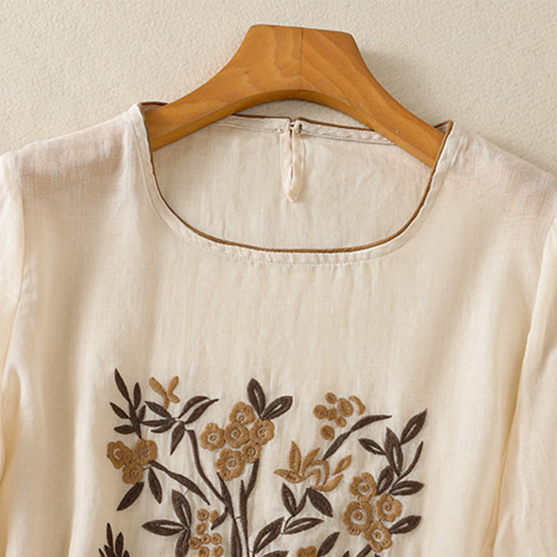T-shirt en coton à manches trois-quarts pour femme, orné de broderies florales rétro Buddha Stones - image 2
