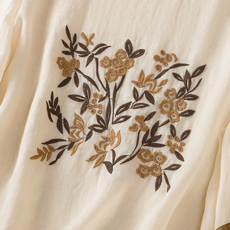 T-shirt en coton à manches trois-quarts pour femme, orné de broderies florales rétro Buddha Stones - image 5