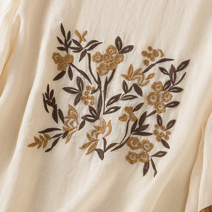T-shirt en coton à manches trois-quarts pour femme, orné de broderies florales rétro Buddha Stones - image 5