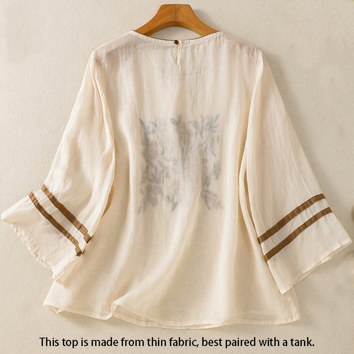 T-shirt en coton à manches trois-quarts pour femme, motif Buddha Stones , broderie florale rétro - image 1