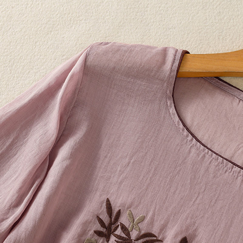 T-shirt en coton à manches trois-quarts pour femme, orné de broderies florales rétro Buddha Stones - image 26