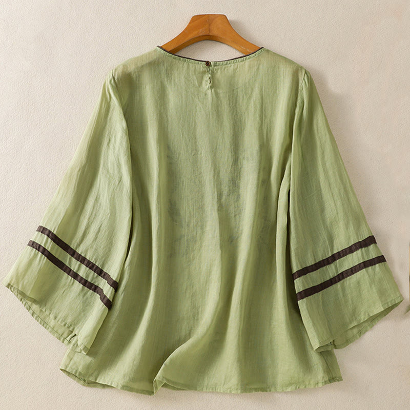 T-shirt en coton à manches trois-quarts pour femme, orné de broderies florales rétro Buddha Stones - image 17