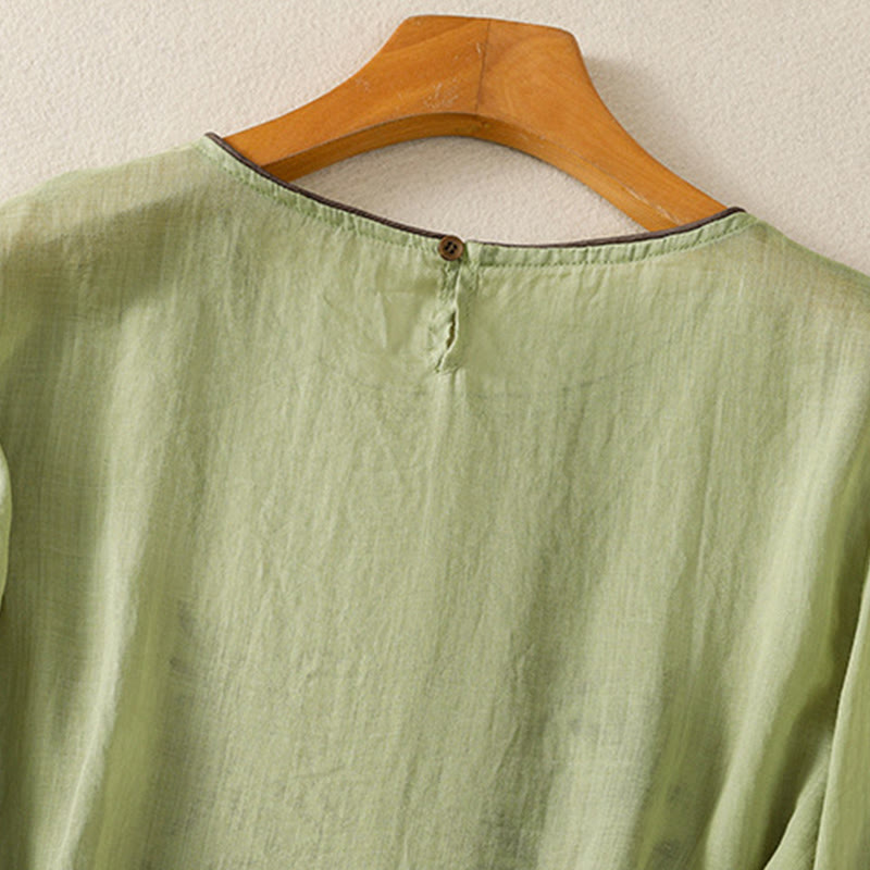 T-shirt en coton à manches trois-quarts pour femme, orné de broderies florales rétro Buddha Stones - image 19