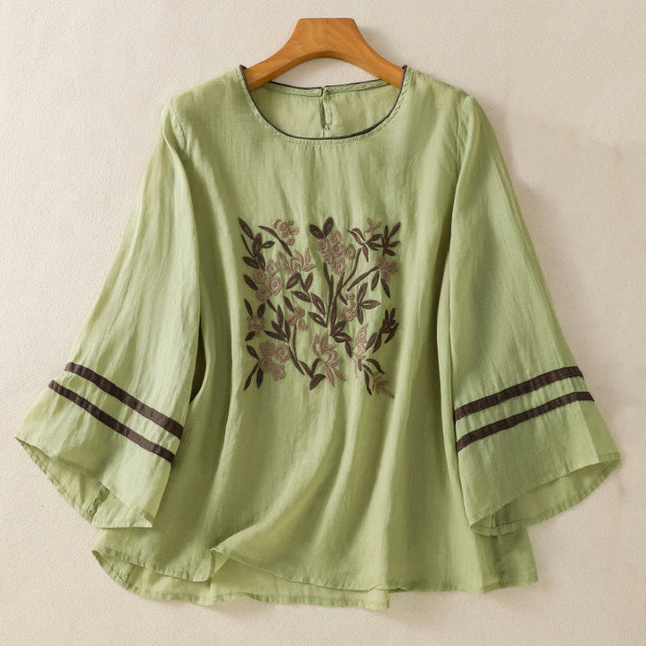 T-shirt en coton à manches trois-quarts pour femme, orné de broderies florales rétro Buddha Stones - Vert clair - US14，UK/AU18，EU46 (2XL) - image 16