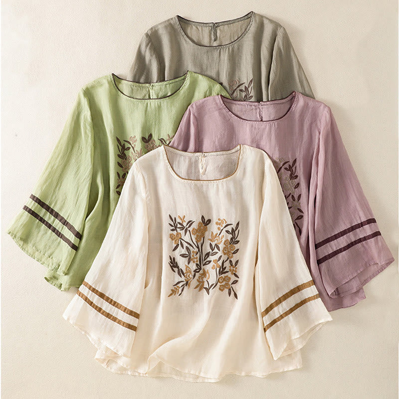 T-shirt en coton à manches trois-quarts pour femme, orné de broderies florales rétro Buddha Stones - image 31