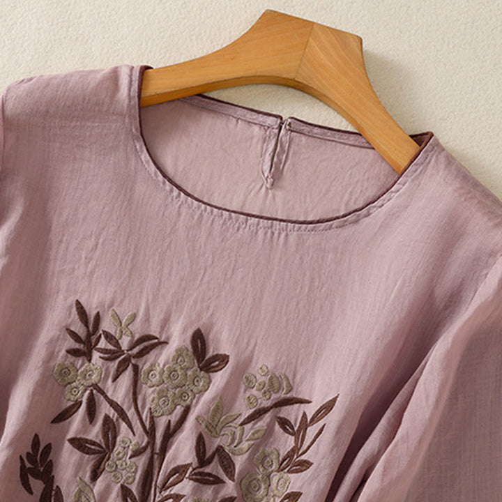 T-shirt en coton à manches trois-quarts pour femme, orné de broderies florales rétro Buddha Stones - image 25