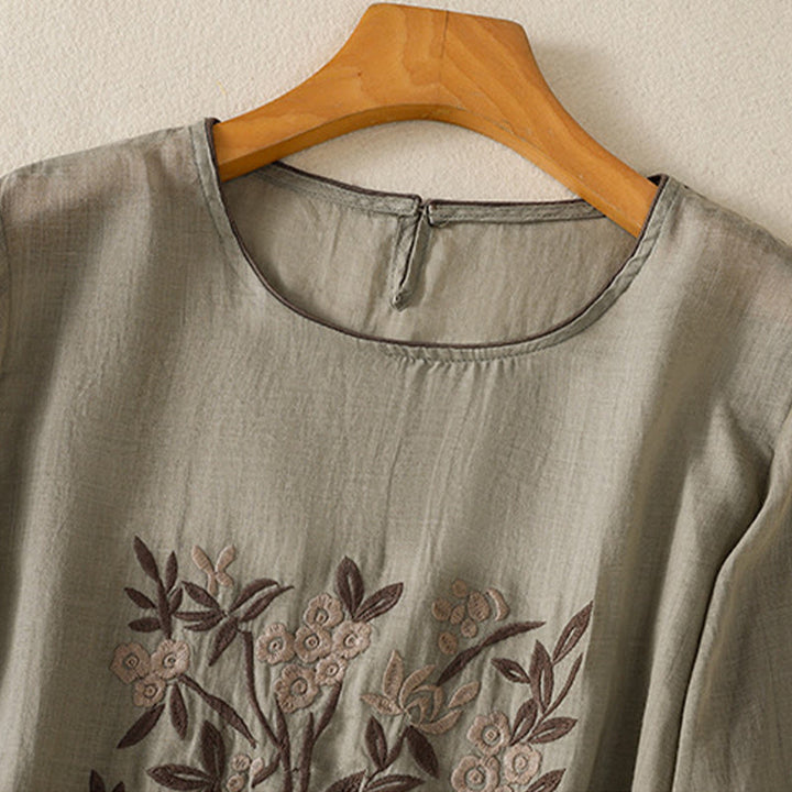 T-shirt en coton à manches trois-quarts pour femme, orné de broderies florales rétro Buddha Stones - image 10