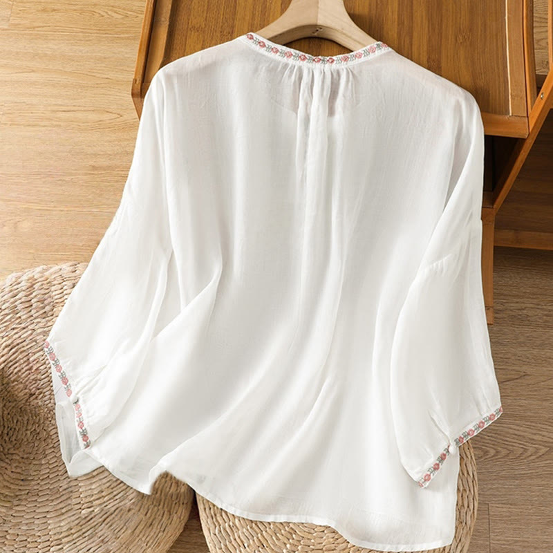 Chemise en coton pour femme, manches trois-quarts, col cranté, broderie Buddha Stones - image 17