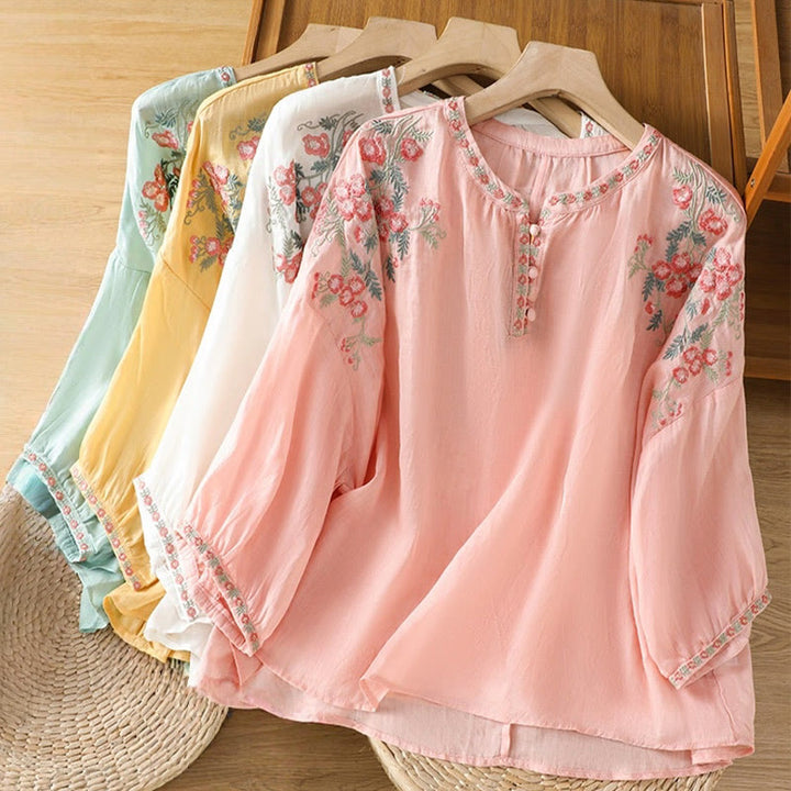Chemise en coton pour femme, manches trois-quarts, col cranté, broderie Buddha Stones - image 31