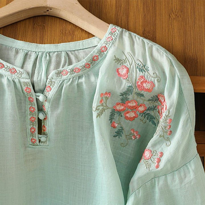 Chemise en coton pour femme, manches trois-quarts, col cranté, broderie Buddha Stones - image 28