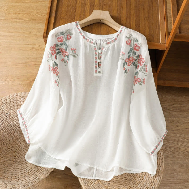 Chemise en coton pour femme, manches trois-quarts, col cranté, broderie Buddha Stones - Blanc - US12，UK/AU16，EU44 (2XL) - image 16