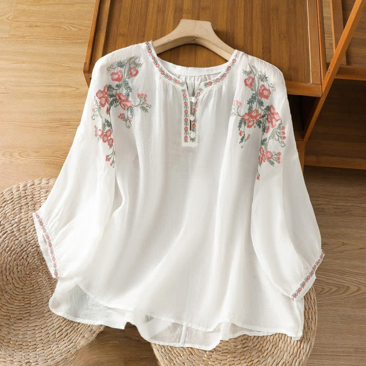 Chemise en coton pour femme, manches trois-quarts, col cranté, broderie Buddha Stones - Blanc - US12，UK/AU16，EU44 (2XL) - image 16
