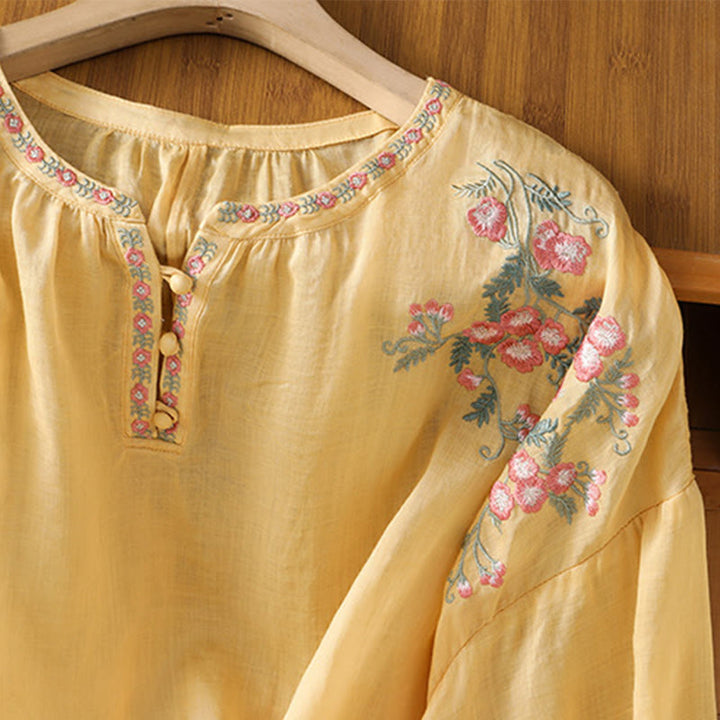 Chemise en coton pour femme, manches trois-quarts, col cranté, broderie Buddha Stones - image 5
