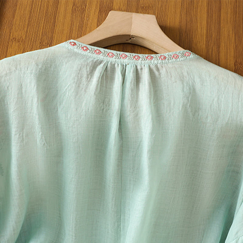 Chemise en coton pour femme, manches trois-quarts, col cranté, broderie Buddha Stones - image 29