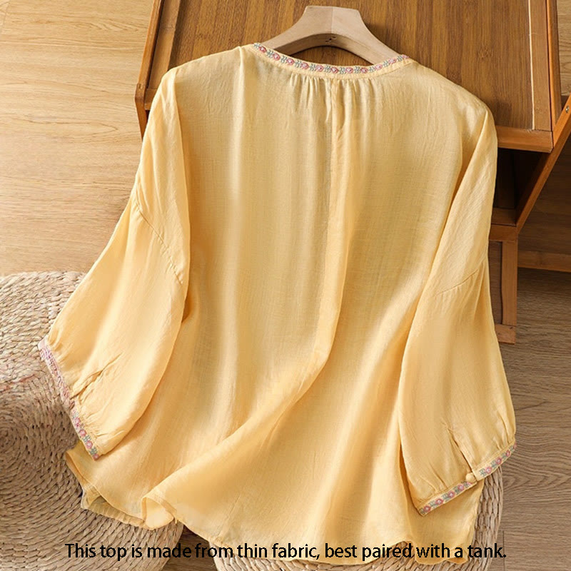 Chemise en coton pour femme, manches trois-quarts, col cranté, broderie Buddha Stones - image 2