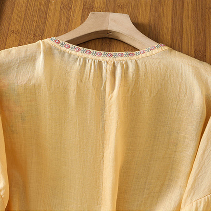 Chemise en coton pour femme, manches trois-quarts, col cranté, broderie Buddha Stones - image 4